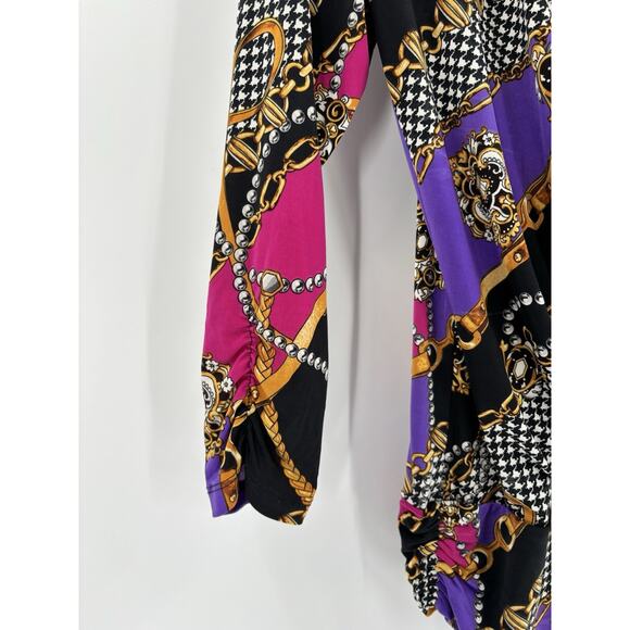 Cache Blouse Womens Medium Multicolor Chain Print Houndstooth Ruched Faux Wrap - Picture 4 of 16